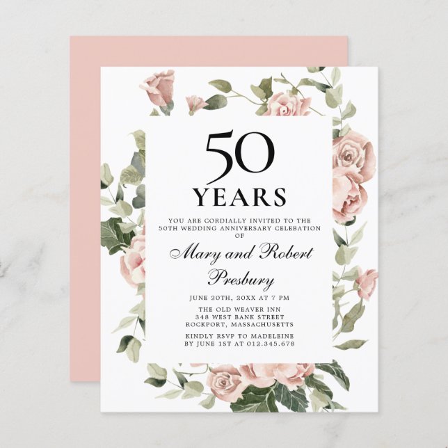 Lámina Invitación floral rosada al 50 aniversario del pre (Anverso / Reverso)