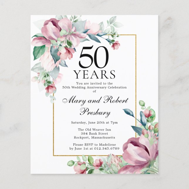 Lámina Invitación floral rosada al 50 aniversario del pre (Anverso)