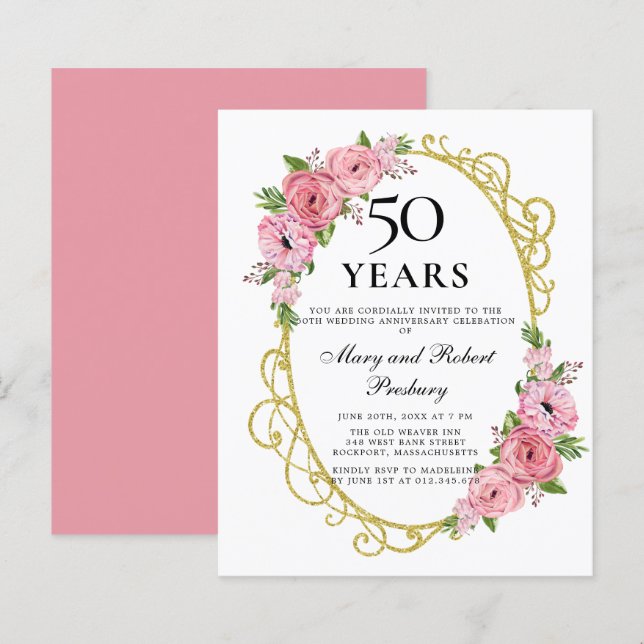 Lámina Invitación floral rosada al 50 aniversario del pre (Anverso / Reverso)