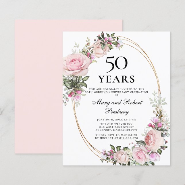 Lámina Invitación floral rosada al 50 aniversario del pre (Anverso / Reverso)