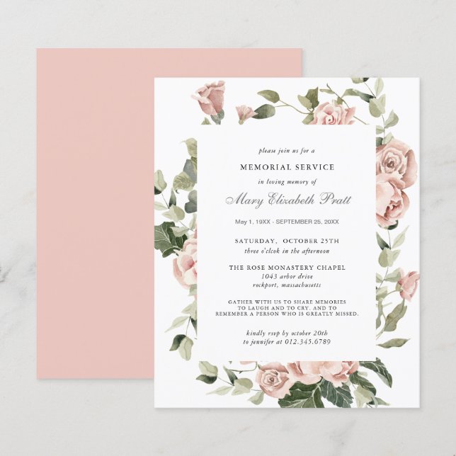Lámina Invitación floral rosada del Servicio Memorial de  (Anverso / Reverso)