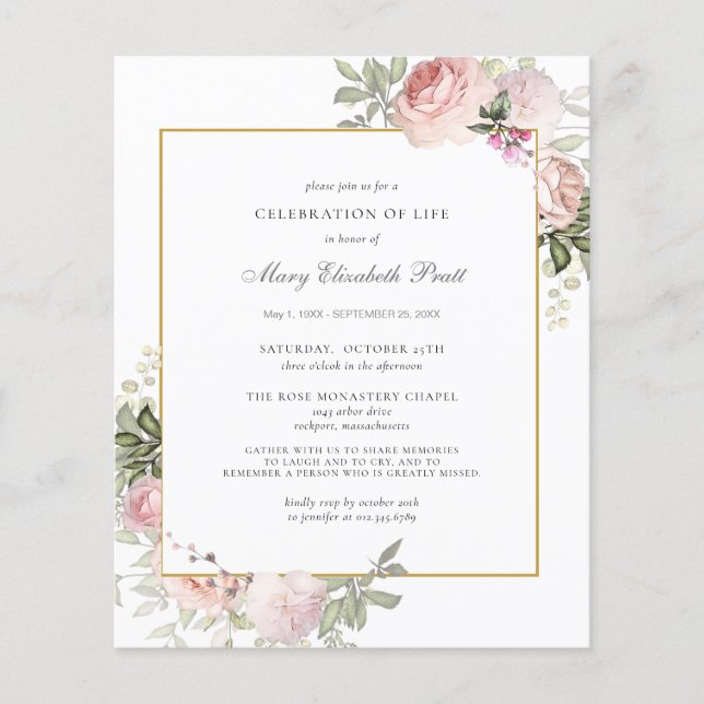Lámina Invitación floral rosada funeral del presupuesto (Anverso)