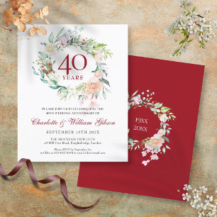 Lámina Invitación floral rubí del 40 aniversario con pres