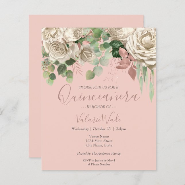 Lámina Invitación floral Rubor rosa Quinceanera Presupues (Anverso / Reverso)