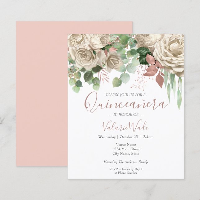 Lámina Invitación floral Rubor rosa Quinceanera Presupues (Anverso / Reverso)
