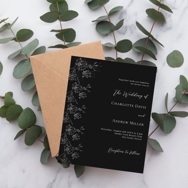 Lámina Invitación formal de boda floral blanca negra (Subido por el creador)