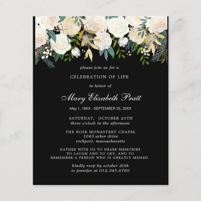 Lámina Invitación funeraria floral blanca y negra de pres (Anverso)