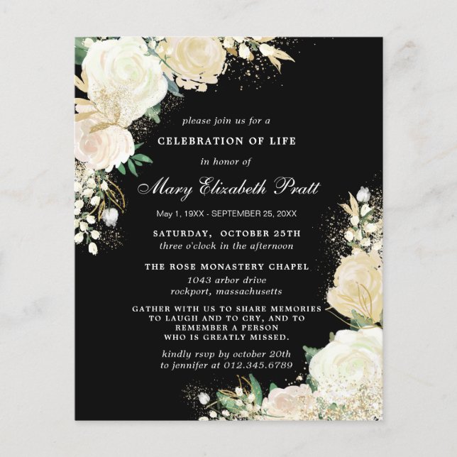 Lámina Invitación funeraria floral de Rosa blanco negro d (Anverso)