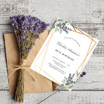 Lámina Invitación geo a eucalyptus lavender cumpleaños<br><div class="desc">Un elegante fondo blanco en la parte delantera. Decorada con eucalipto y flores de lavanda. Un marco geométrico de oro falso. Personalice y agregue un nombre y detalles. Fondo: fondo gris verde.</div>