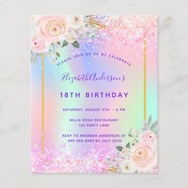 Lámina Invitación holográfica floral púrpura de cumpleaño (Anverso)