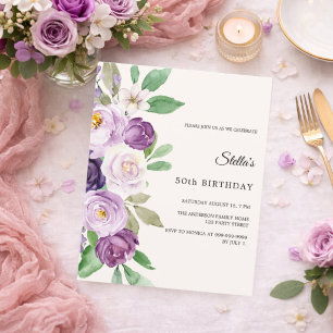 Lámina Invitación marfil con flores lavanda púrpura para 