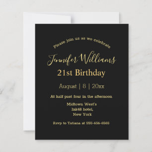 Lámina invitación minimalista de cumpleaños 21 negro dora