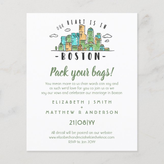 Lámina Invitación moderna de BOSTON Boda Skyline dibujada (Anverso)