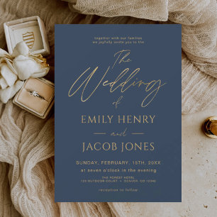 Lámina Invitación moderna del Boda de oro azul de la Mari