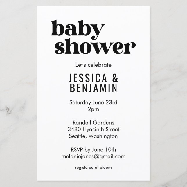 Lámina Invitación moderna económica para baby shower en b (Anverso)