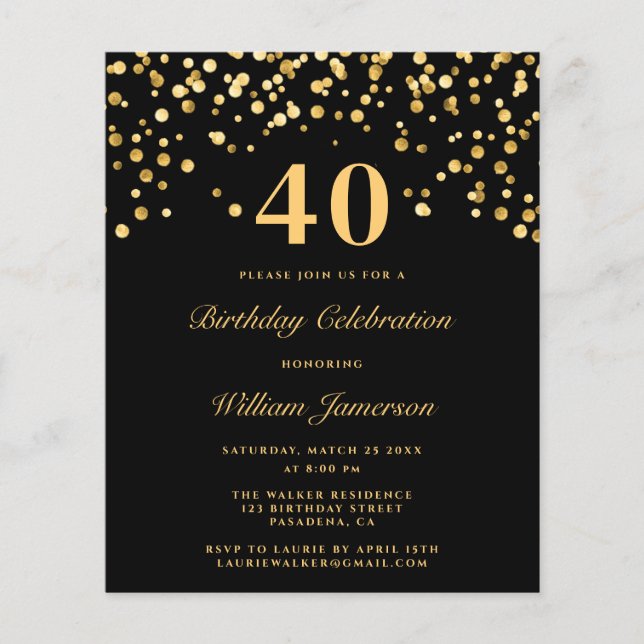 Lámina Invitación moderna para hombre cumpleaños 40 negro (Anverso)