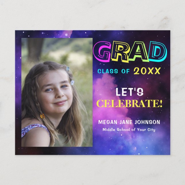 Lámina Invitación moderna y económica para fiesta de grad (Anverso)