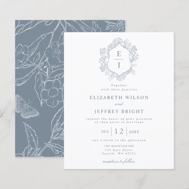 Lámina Invitación Monograma Escudo Floral Azul Dusty Pres (Anverso / Reverso)