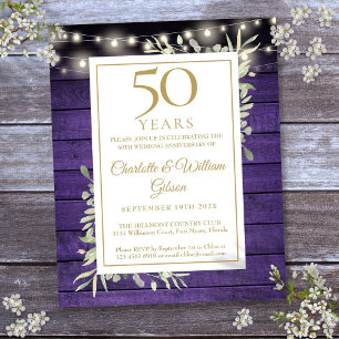 Lámina Invitación morada rústica del 50 aniversario Budge
