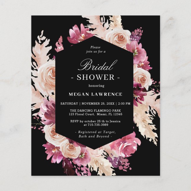 Lámina Invitación negra de ducha de novia floral del Boho (Anverso)