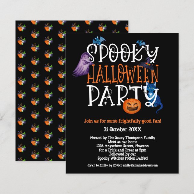 Lámina Invitación negra de fiesta de Halloween con espant (Anverso / Reverso)