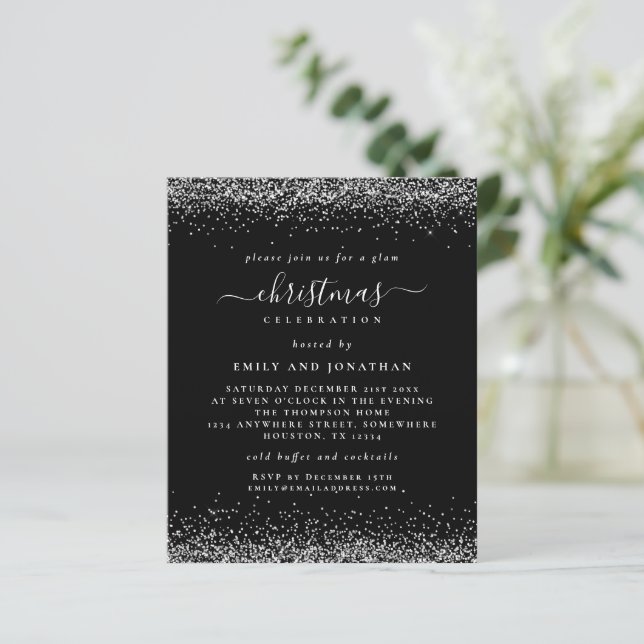 Lámina Invitación negra de Fiesta Navidades Purpurinas de (Anverso de pie)