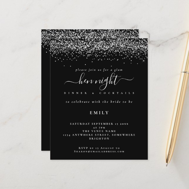 Lámina Invitación negra de Hen Night Purpurina de Plata P (Anverso/Reverso In Situ)