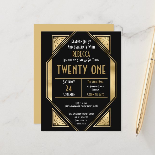 Lámina Invitación negra de oro del 21º cumpleaños del Art (Anverso/Reverso In Situ)