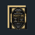 Lámina Invitación negra de oro del 21º cumpleaños del Art<br><div class="desc">Invitación negra de oro del 21º cumpleaños del Art Deco del presupuesto. Un precio económico menor 4, 5" x 5, 6" alternativa. Disponible en un ALMACENAMIENTO DE TARJETAS SEMI-GLOSS de 110 lb que es la opción predeterminada (más grueso para las invitaciones), O UN ALMACENAMIENTO DE PAPELES DELGADOS SATIN FINISH DE...</div>