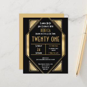Lámina Invitación negra de oro del 21º cumpleaños del Art