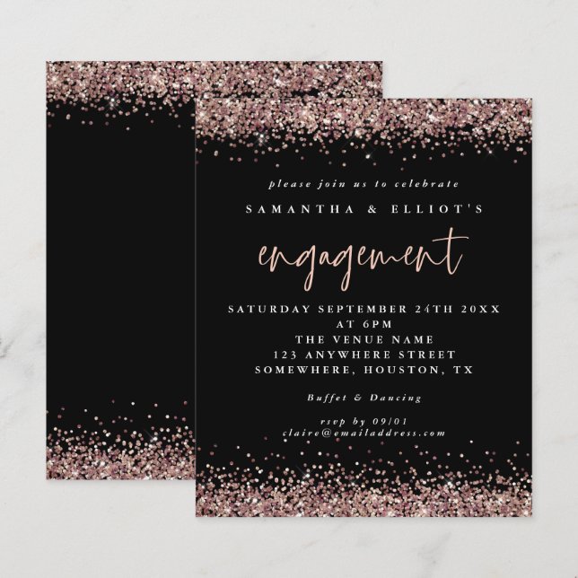 Lámina Invitación negra de Rosa de presupuesto Purpurina  (Anverso / Reverso)
