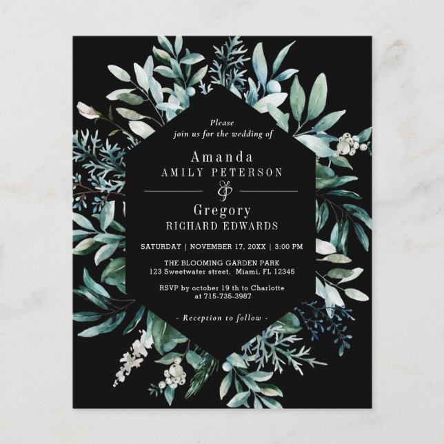 Lámina Invitación negra del Boda de Leafy Botánico Presup (Anverso)
