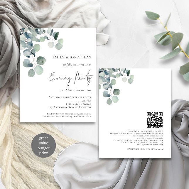 Lámina Invitación nocturna de Boda QR de Eucalyptus de pr (Front and back view)