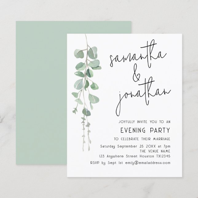 Lámina Invitación nocturna informal de Bodas sobre eucali (Anverso / Reverso)