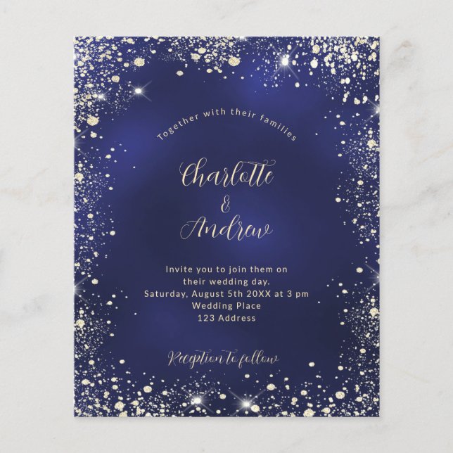 Lámina Invitación nupcial de purpurina de oro azul marino (Anverso)