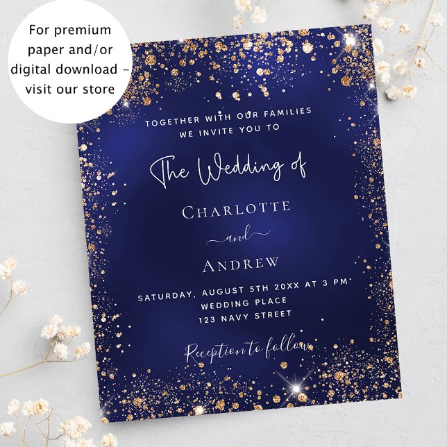 Lámina Invitación nupcial del purpurina de oro azul marin (Subido por el creador)