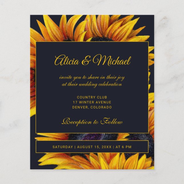 Lámina Invitación nupcial moderna para girasoles dorados (Anverso)