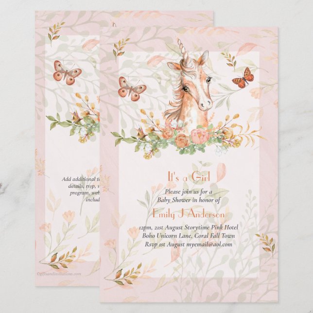 Lámina Invitación para Baby Shower de Niña Unicornio Boho (Anverso / Reverso)
