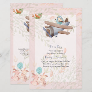 Lámina Invitación para Baby Shower de Niño con Avión y Pi