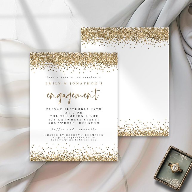 Lámina Invitación para el compromiso de Purpurina de oro  (Front and back view)
