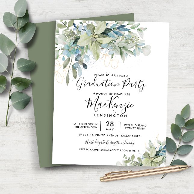 Lámina Invitación para la fiesta de graduación con eucali (Budget Eucalyptus Graduation Party Invitation)