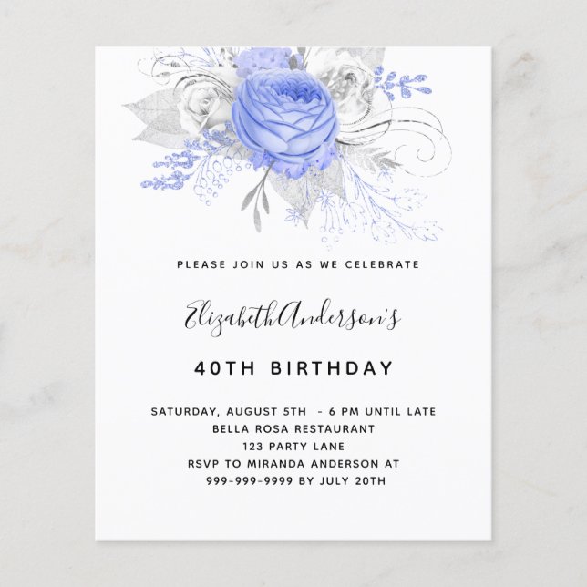 Lámina Invitación plateada de floros azules de cumpleaños (Anverso)