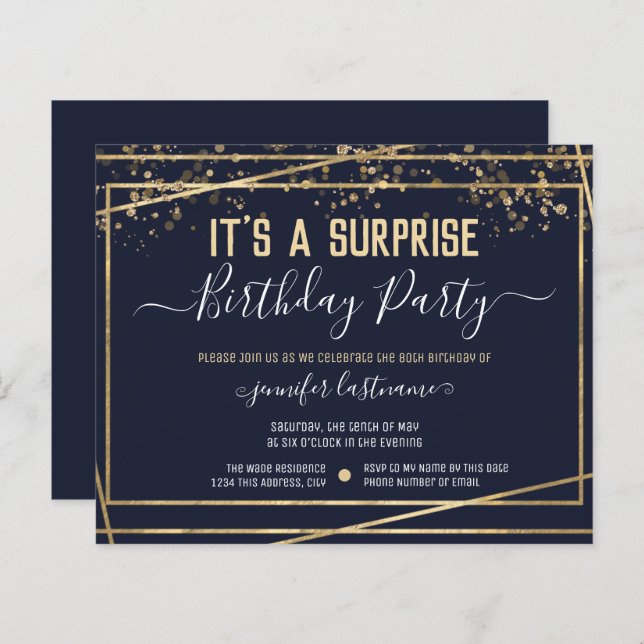 Lámina Invitación presupuestada de cumpleaños sorpresa (Anverso / Reverso)