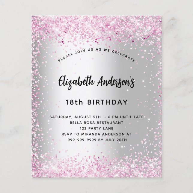 Lámina Invitación presupuestal de chispa rosa plateado de (Anverso)