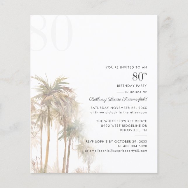 Lámina Invitación presupuestal de Palm Trees 80 cumpleaño (Anverso)