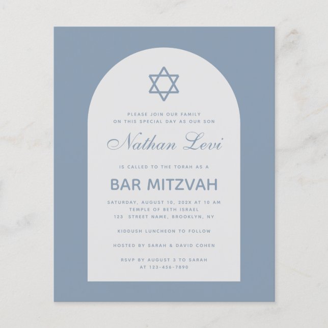Lámina Invitación presupuestal del Bar Mitzvah Dusty Blue (Anverso)