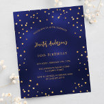 Lámina Invitación presupuestaria de las estrellas de oro<br><div class="desc">Una invitación de cumpleaños para él y para ella. Un fondo azul marino adornado con falsas estrellas doradas. El color azul es desigual. Personalice y agregue un nombre y detalles del fiesta. Texto dorado. Fondo azul marino y estrellas doradas. 1 hoja = 1 borde impreso de invitación al borde.</div>