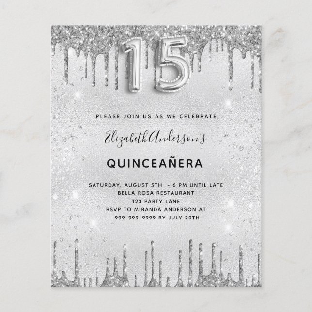 Lámina Invitación presupuestaria de Quinceanera Silver pu (Anverso)