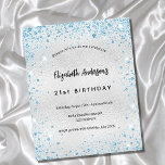 Lámina Invitación presupuestaria del purpurina azul de pl<br><div class="desc">Para un elegante cumpleaños número 21 (o cualquier edad). Un fondo falso plateado. Decorada con purpurinas falsos azules,  chispas. Personalice y agregue un nombre,  edad y detalles del fiesta. El nombre se escribe con un guión de estilo con letras a mano. 1 hoja = 1 invitación</div>