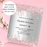 Lámina Invitación presupuestaria del purpurina de color p<br><div class="desc">Una invitación moderna, elegante y glamurosa para una fiesta de cumpleaños de dulces 16, 16 (o cualquier edad). Un fondo falso plateado con un elegante goteo en purpurina de imitación rosada, con pinturas que gotean. El nombre está escrito con una escritura de estilo con letras negras y modernas. Personalice y...</div>